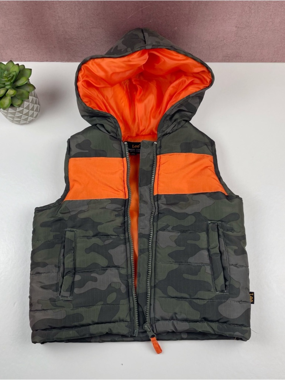Lee Orange Green Camouflage Full Zip Hooded Puffer Vest Boy Child Size 3T